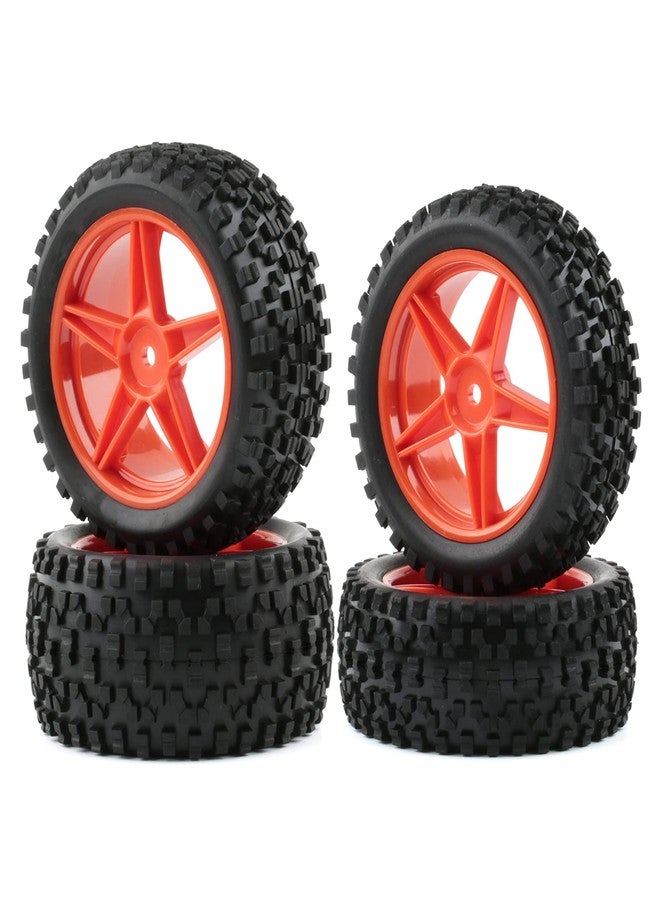 Rchobbytop 1/10 Buggy Tires & Wheels Set - Front & Rear Different Sizes 12mm Hex Red 5-Spoke Rims, Compatible with Traxxas Bandit, Redcat, Tamiya - Includes Lock Nuts, Washers & Wrench - Image 1